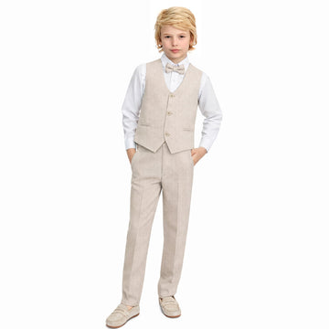 Boys Formal Suit 4 Piece Vest, Pants and Tie Dresswear Suit Set (, Beige)
