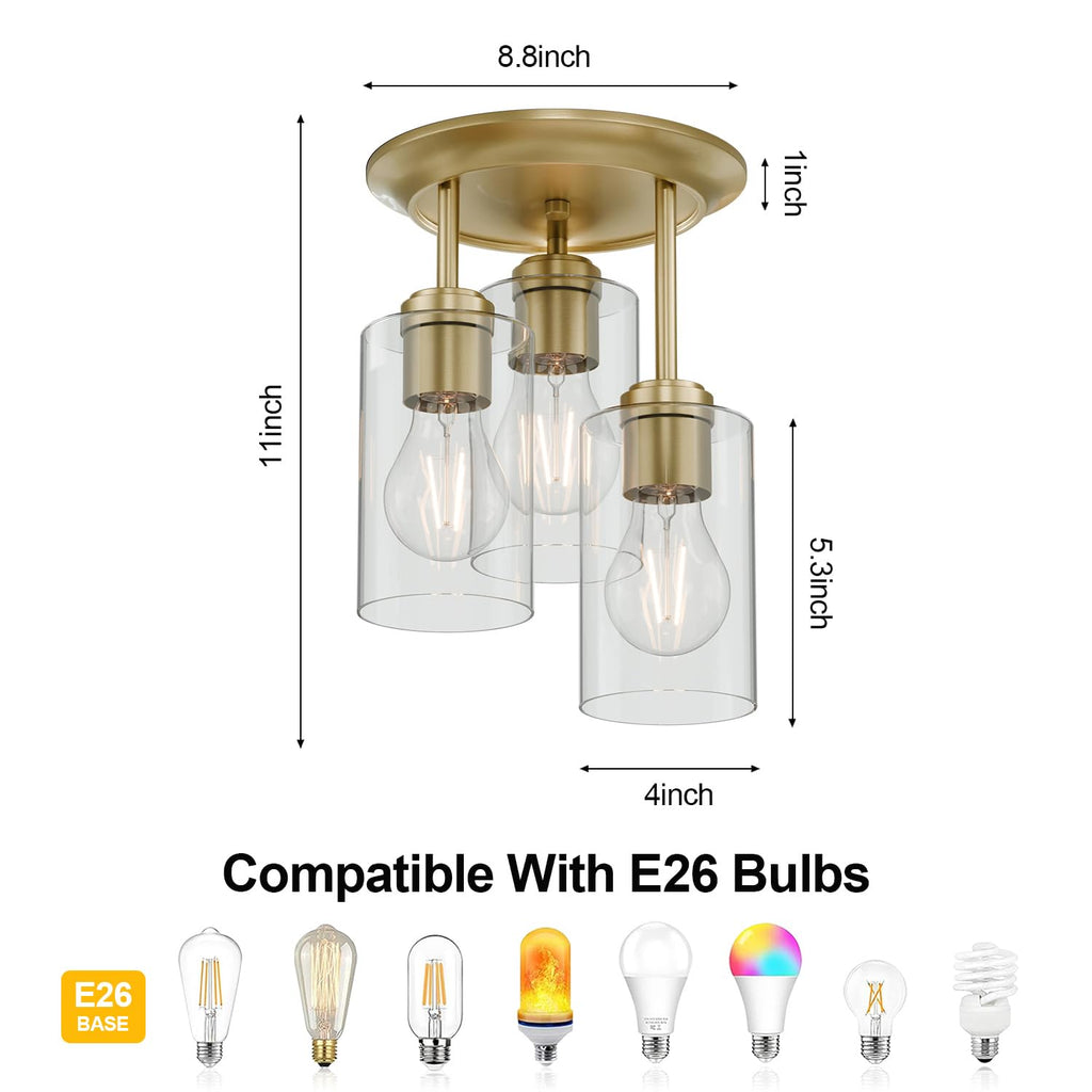 3-Lights Semi Flush Mount Ceiling Light Fixture Gold