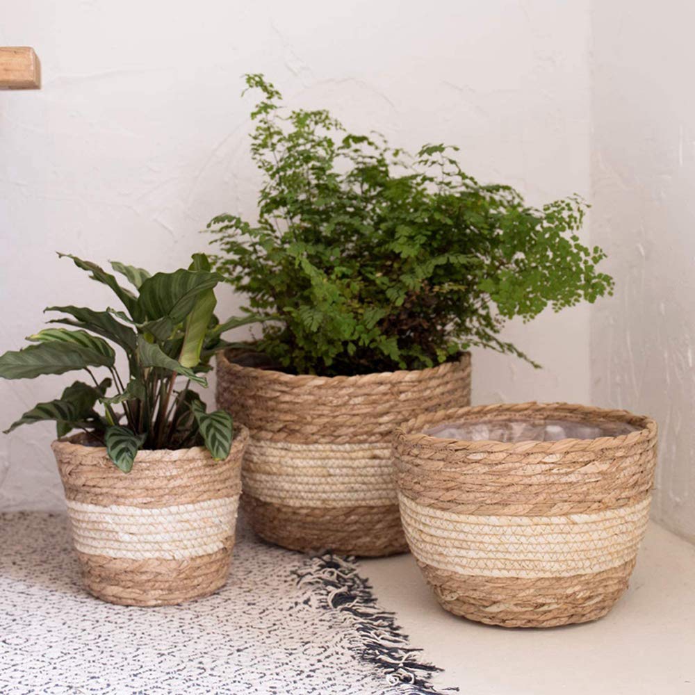 Seagrass Planter Basket - Set of 3 Hand Woven Basket Indoor Outdoor Storage Flower Pot Cover Containers with