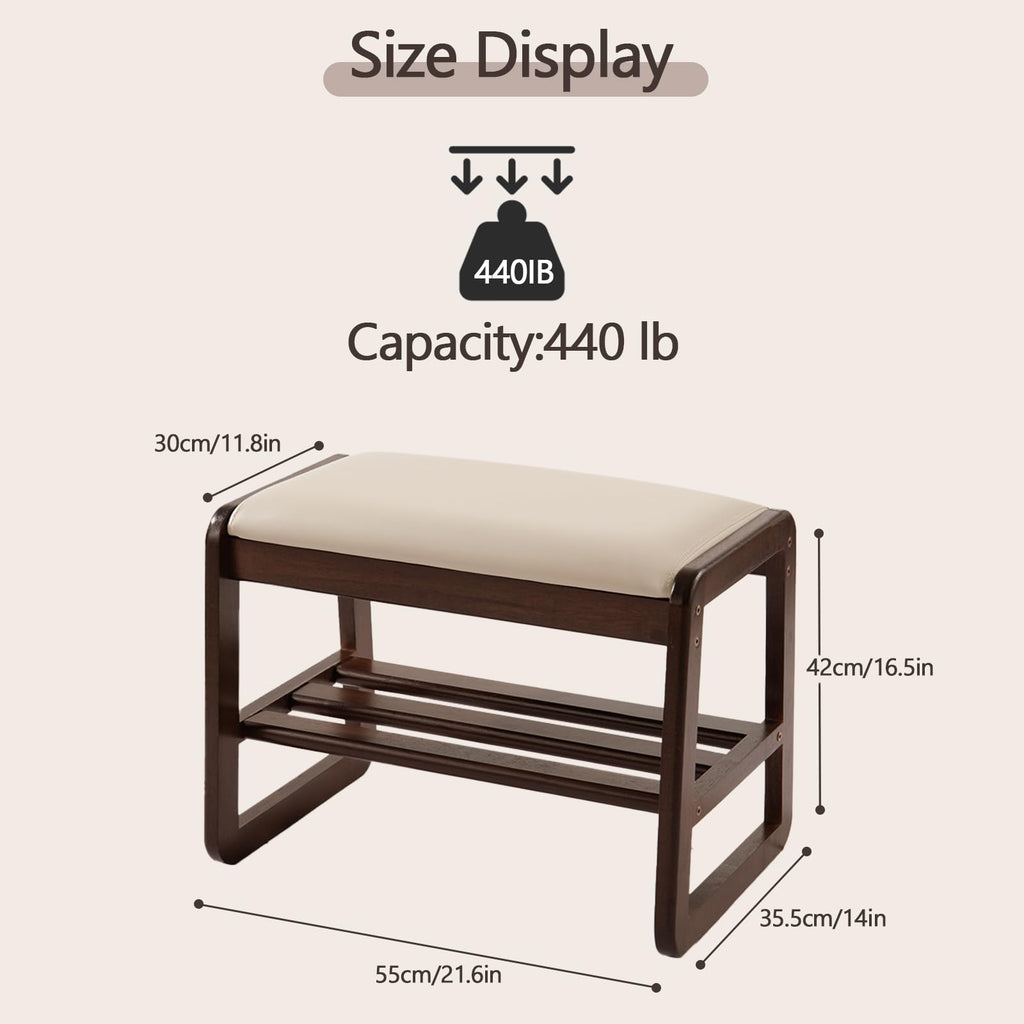 Small Shoe Rack Bench, 2 Tier Solid Wooden Entryway Bench(Beige)