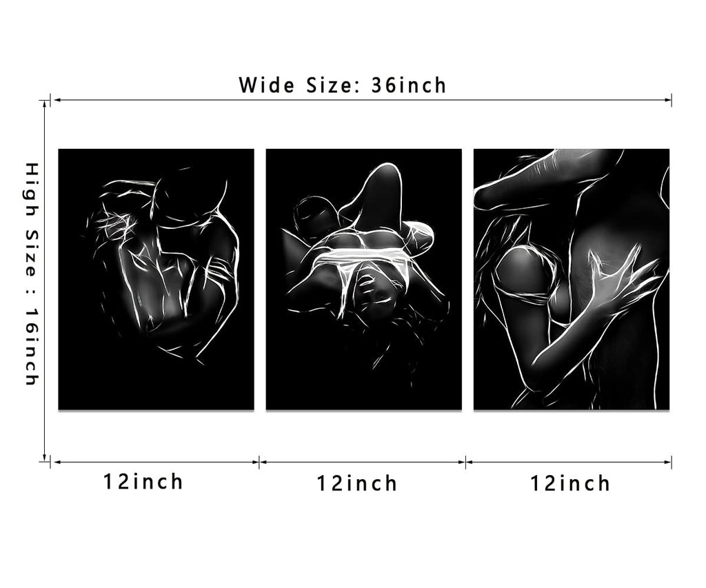 3 Piece Black and White Sexy Abstract Woman Man Canvas Wall Art 12x16 Inch