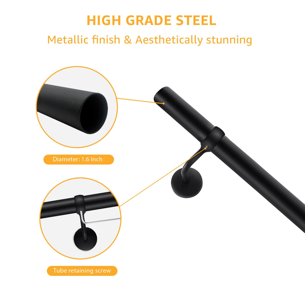 9.8 FT ADA Industrial Handrails for Indoor Stairs: Metal Staircase Handrails Wall Mount Stair Handrail 1.6" Sturdy