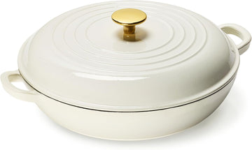 3.4QT Enamel Cast Iron Cookware, Skillet with Lid, White Dutch Oven | Shallow Round Braiser Pan Oven Safe, Non-Toxic