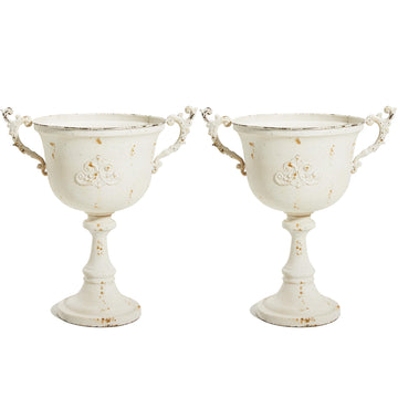 21" H. Metal Urn Planters 2-Pack - White Classic Antique Iron Plant Pots - Decorative Rustic Flower Pots for Outdoor