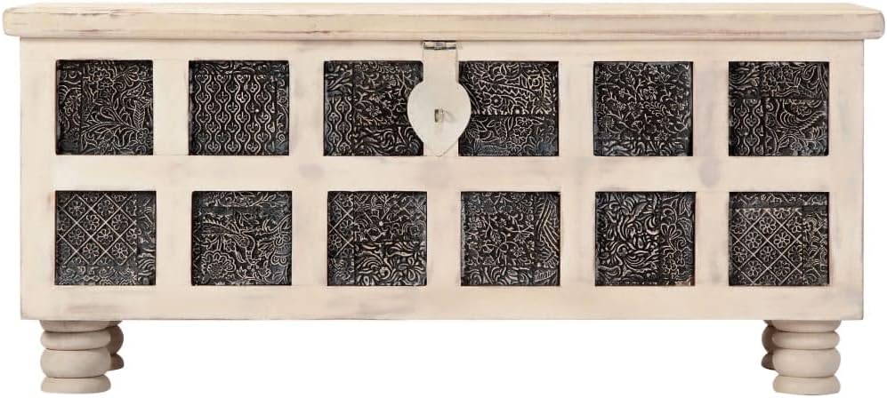 Wooden Storage Chest 43.3 inch, White Acacia Wood Trunk with Carved Panels, Large Decorative Blanket Storage Box