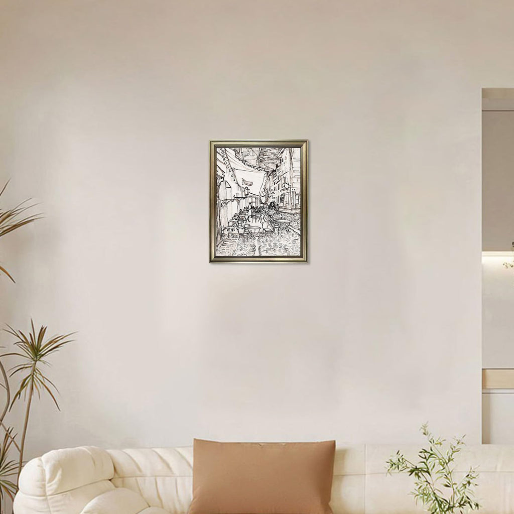 Vintage Framed Van Gogh Wall Art Paris Café Terrace Night Exhibition Print Poster Black and White Pen Drawing Sketch