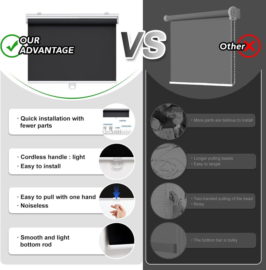 Blackout Cordless Roller Shade for Indoor Windows, Black | Black Out Window Shade with Spring System, Thermal