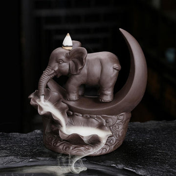 Elephant Backflow Incense Burner with 20 Cones, 30 Sticks, Tweezer, Mat - Set of 50