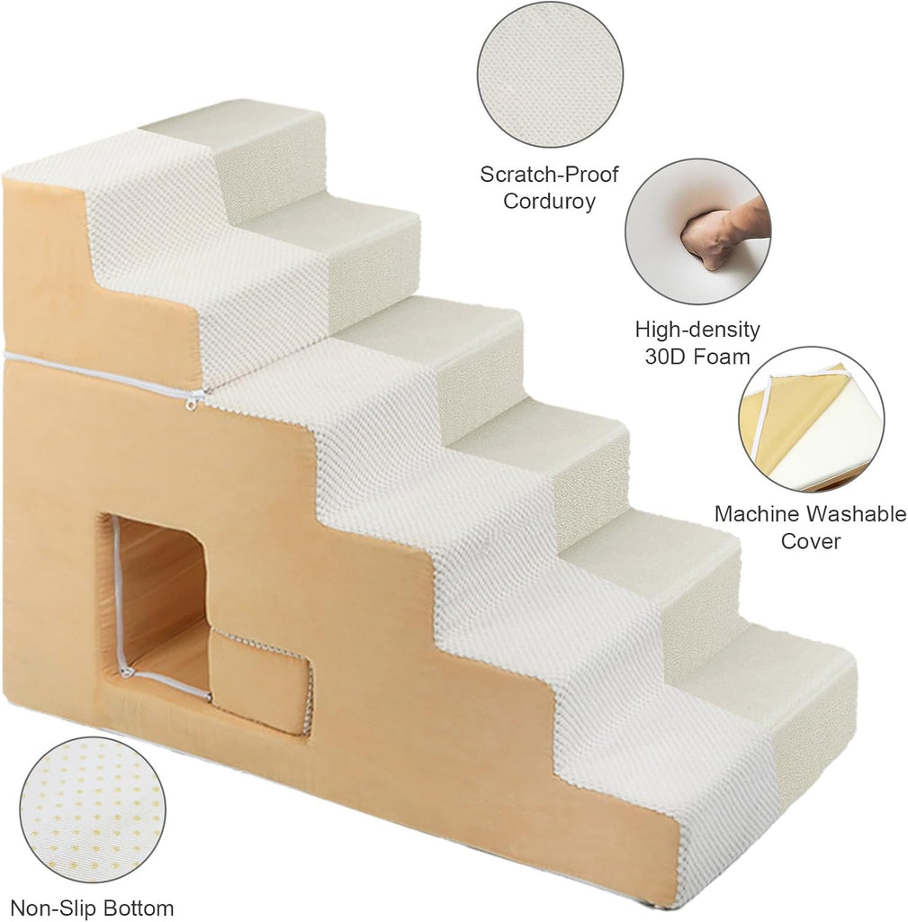 Dog Stairs for Small Dogs 27"H, 6-Step Dog Steps for High Bed, High-Density Foam Pet Stairs with Non-Slip Removable