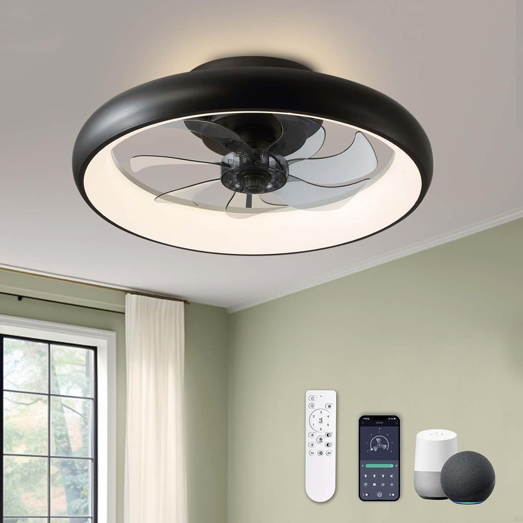 Modern Black 20" Flush Mount Ceiling Fan with Lights, 6 Wind Speeds, LED, Bedroom, Kitchen A101-B0CD1Z1NMD