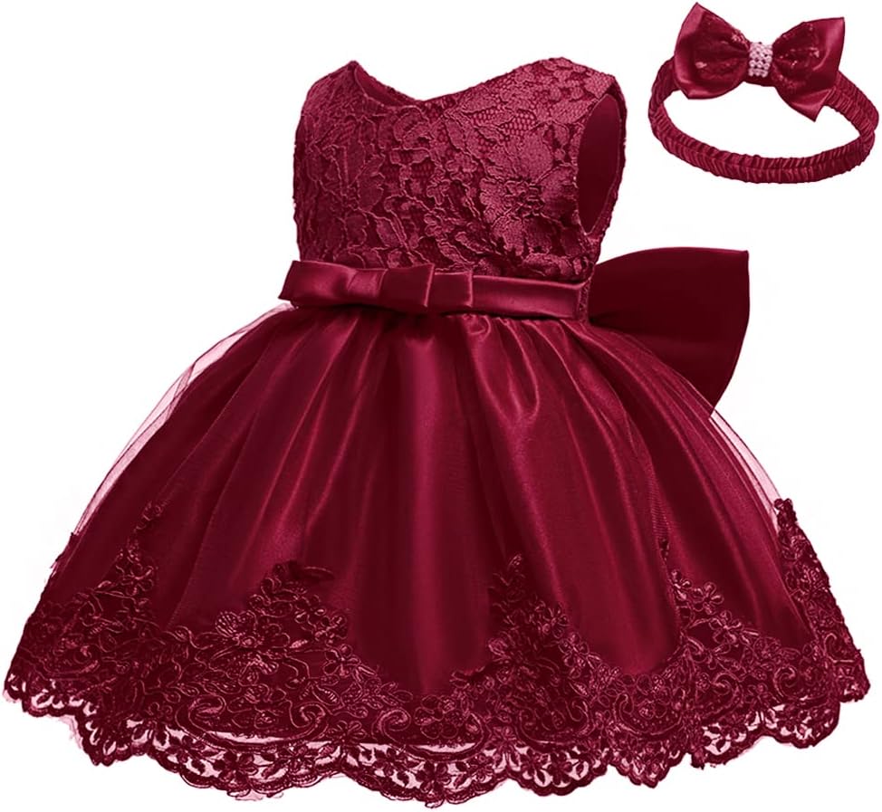 Baby Girl Party Dress Toddler Lace Embroidery Pageant Dresses with Headwear