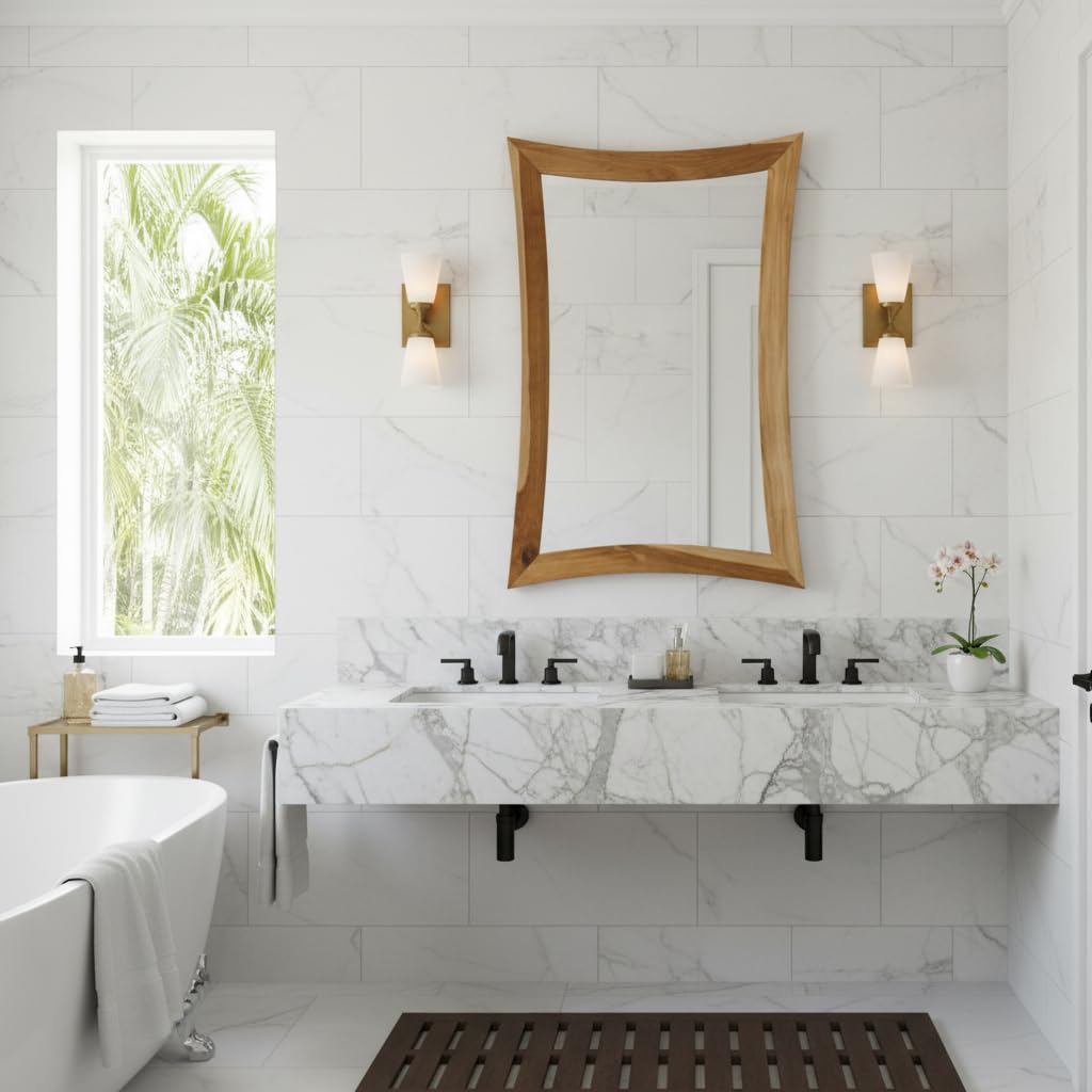 24" Teak Vanity Mirror Wall, Natural Wood