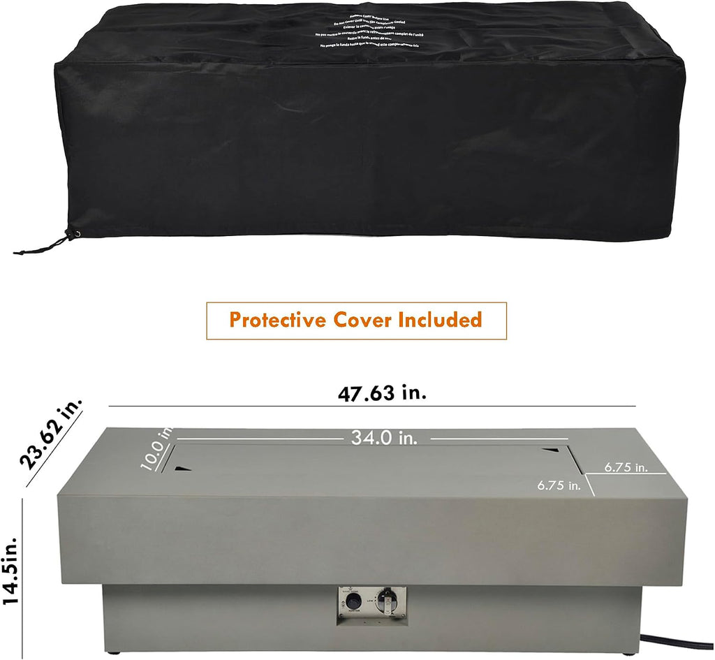 48-inch Fire Table with Natural Gas Conversion Kit & Wind Glass Shield, 50,000BTU Outdoor Modern Patio Fire Pit Table