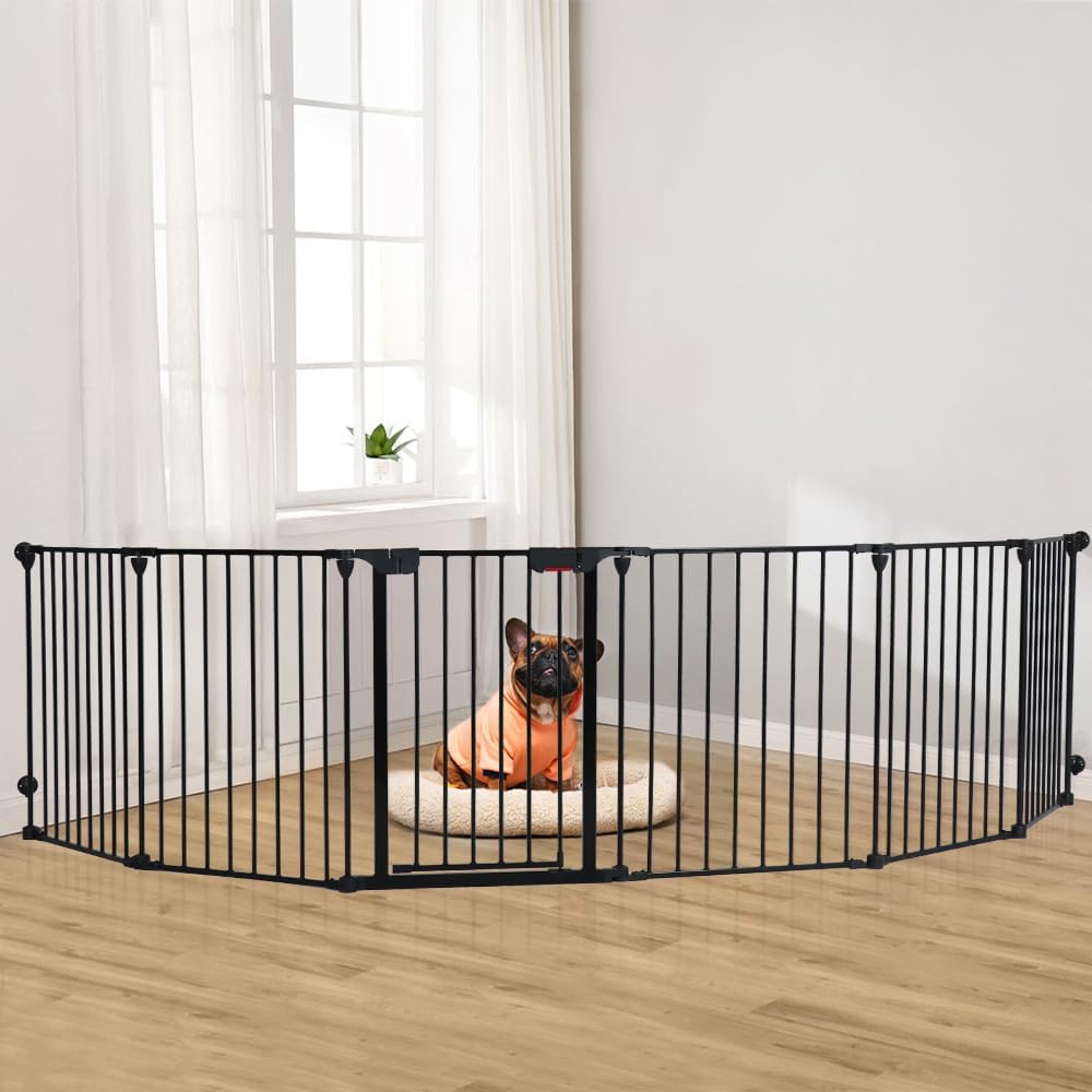 Freestanding Dog Gates with Door Walk Through, Extra Wide Doggy Door 150" W x 29" H Pet Gate Safty 6 Panels Dog Fence
