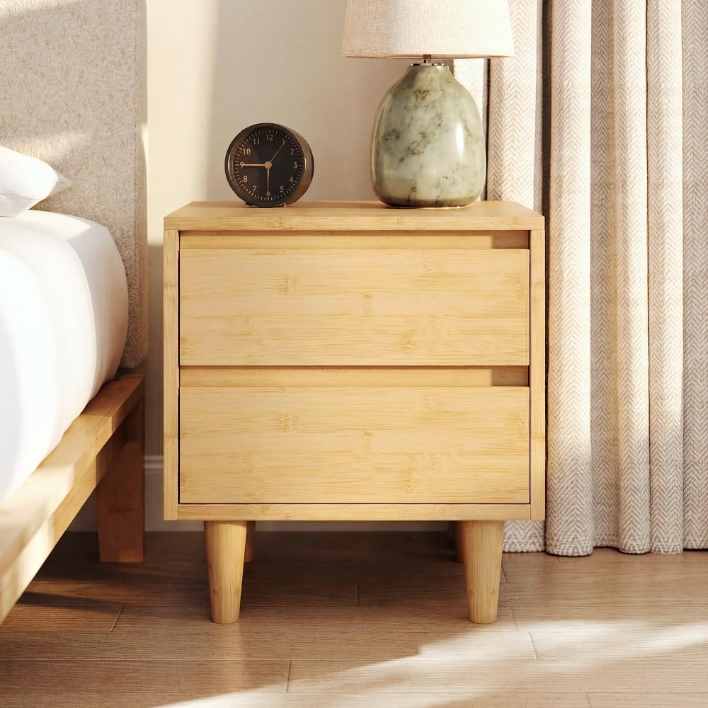 Bamboo Nightstand with Japanese Joinery, 23" Height, 2 Smooth-Gliding Dovetail Drawers, No-Tool Assembly, Natural