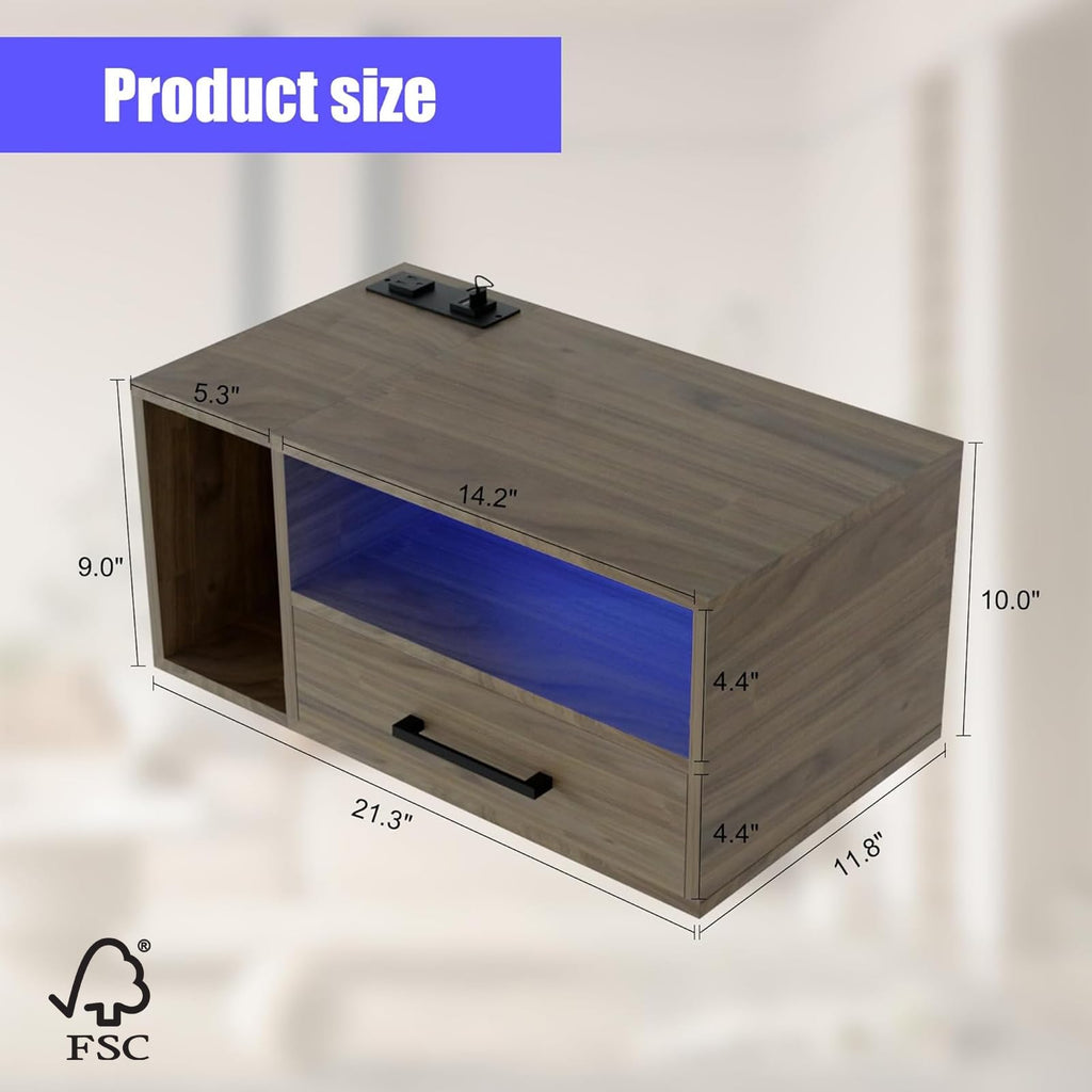 Floating Nightstand with Lights, Grayish Brown