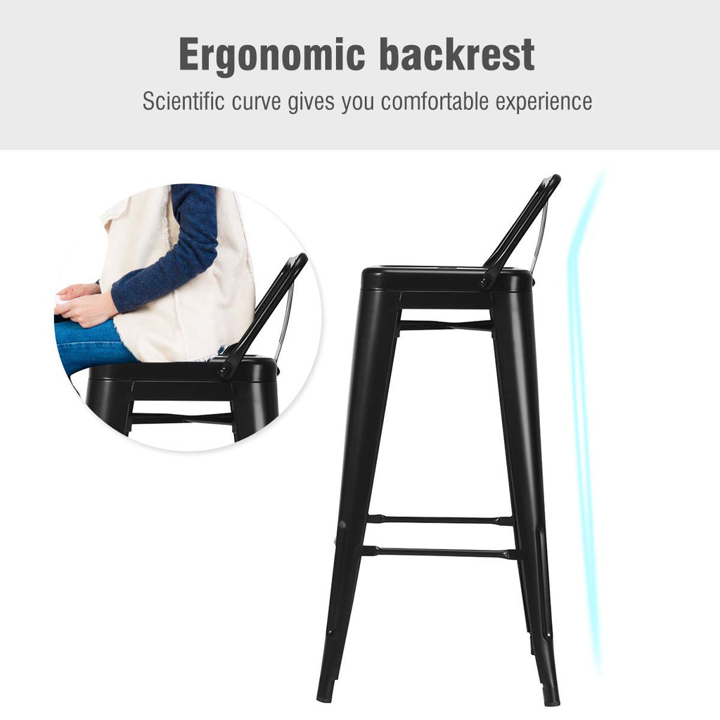 30 Inch Stackable Metal Bar Stools Set of 4 with Low Backs, Black