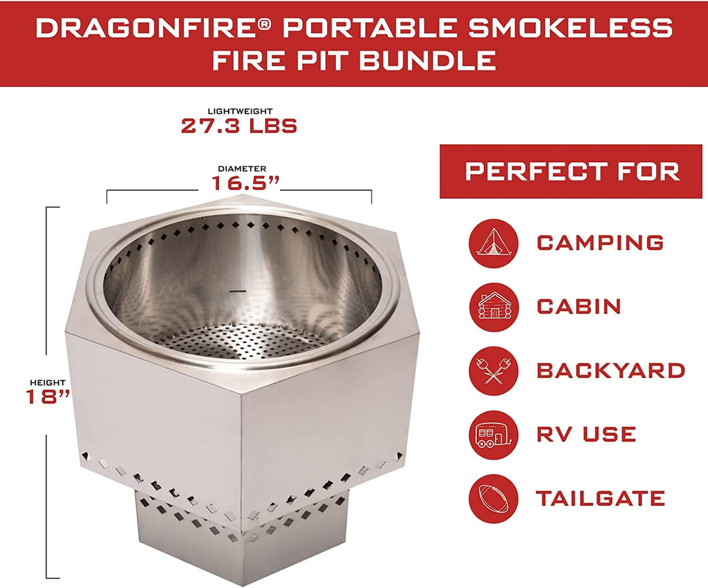 Portable Smokeless Firepit, Accessories Included: Grill, Base Stand, Carrying Case. Wood Pellet/Log Burning Outdoor