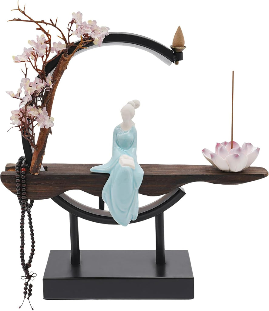 Backflow Incense Burner, Chinese Style Peach Blossom Incense Holder with LED Light, Ceramic Incense Cone Burner Home