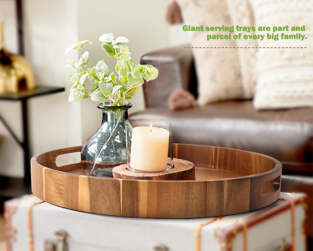 Extra Large Round Serving Tray, 20INCH, Heavy Duty Acacia Wood Trays for Big Ottoman Coffee Table Counter Giant