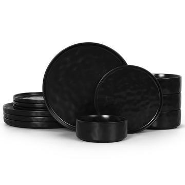 12 Pieces Stoneware Dinnerware Set for 4, Obsidian Matte Black