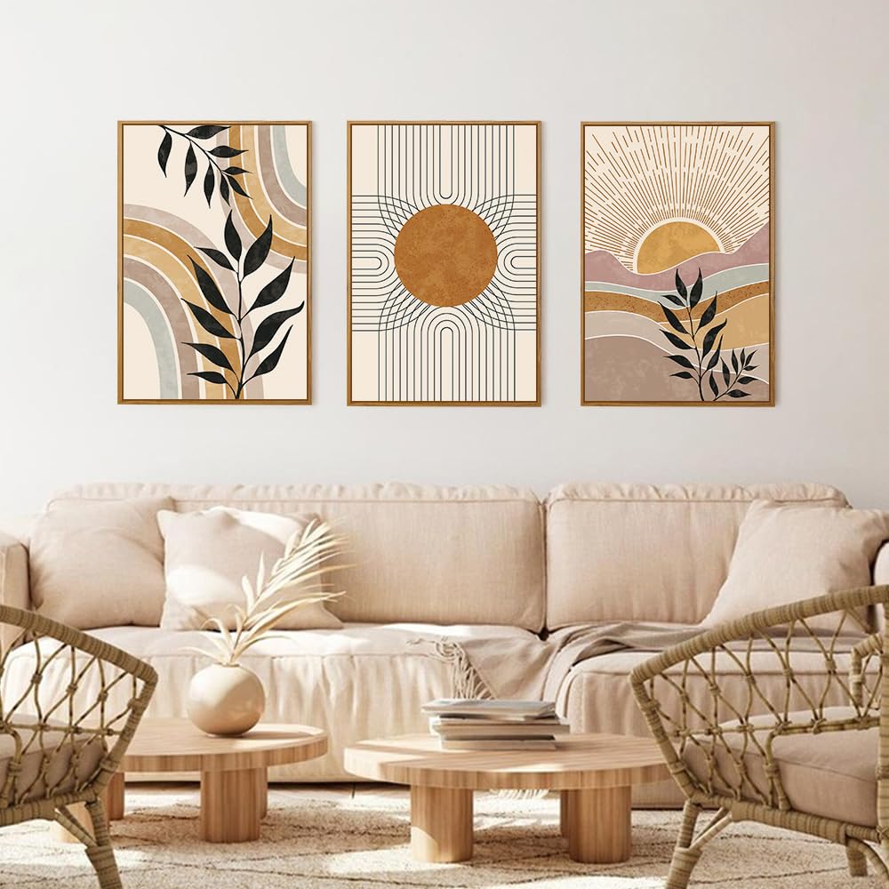 Boho Framed Canvas Wall Art Prints, Set of 3 Mid Century Modern Wall Decor, Nature Plants Desert Sun Art Paintings