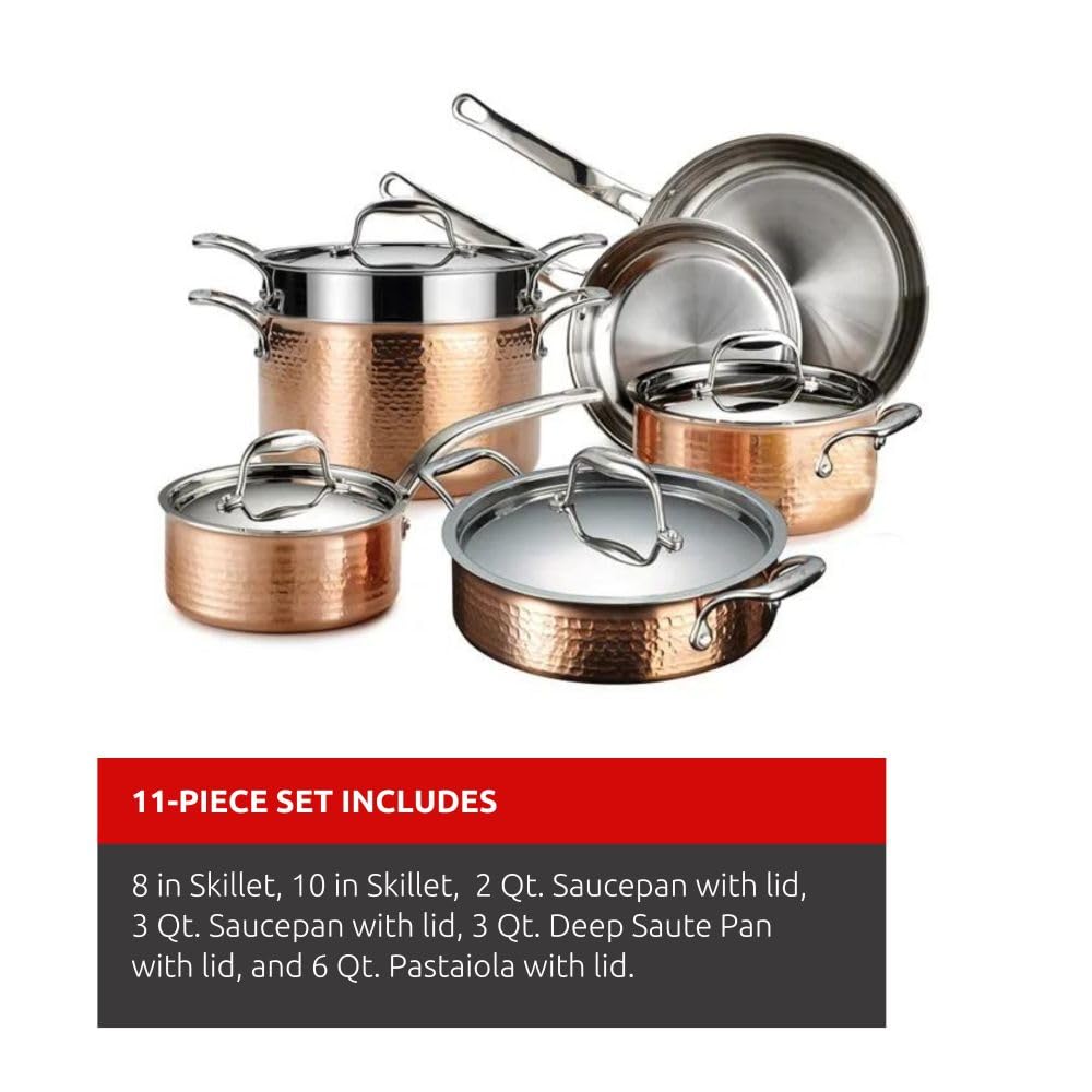 Martellata Tri-ply Hammered Copper 11 PC Pots and Pans Cookware Set, Copper
