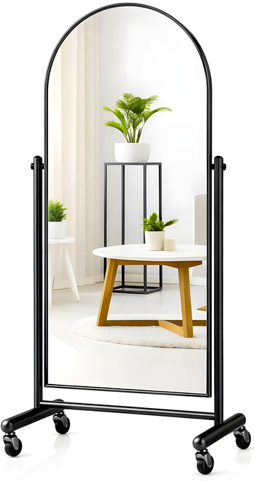 Arched Full Length Rolling Mirror on Wheels, 65"Lx24"W Large Modern Tilting Swivel Mirror with Tempered Glass & Metal