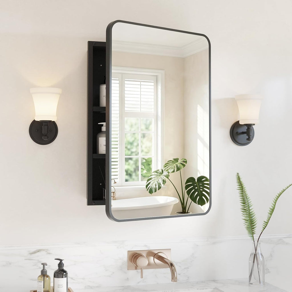 Medicine Cabinet Mirror 16x24 Inch, Black Bathroom Mirror Cabinet with Stepless Adjustable Shelves, Rounded Rectangle