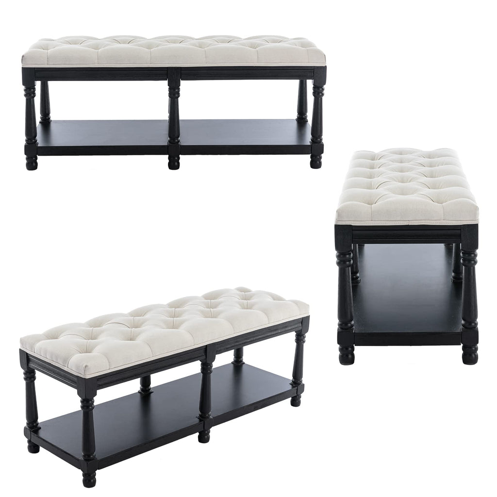 Mid-Century Tufted Storage Bench with Shelf, Linen Upholstered Farmhouse Entryway Shoe Bench Ottoman Bed End Stool