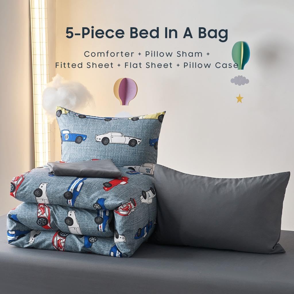 Race Car Bedding Set for Boys, Cute Colorful Sports Car Supercar Wheels Comforter Set with Sheets, 5 Pieces Kids Bed