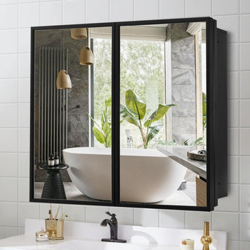 30 Inch x 26 Inch Farmhouse Black Metal Framed Recessed or Surface Bathroom Medicine Cabinet with Mirror Rectangle