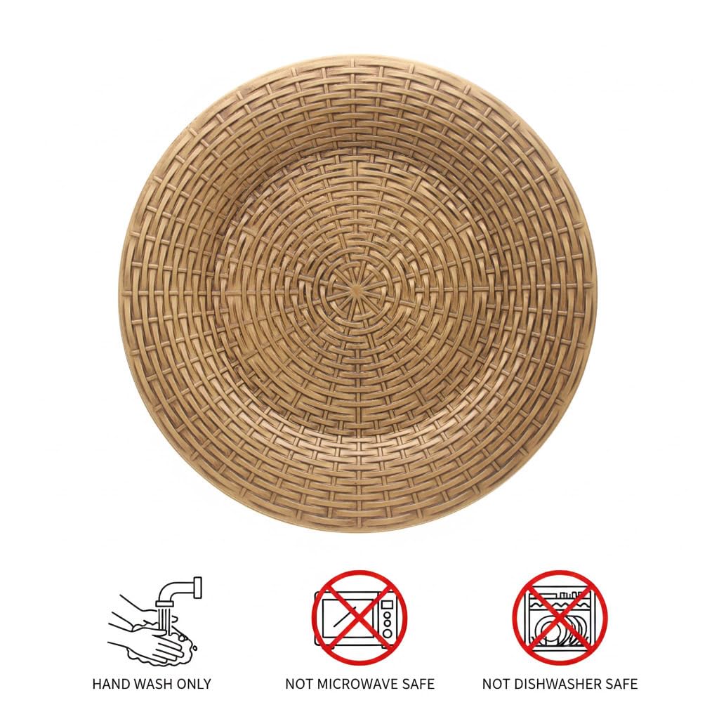 Faux Rattan Chargers for Dinner Plates, 13" Antique Gold Charger Plates, Set of 6 Round Plastic Woven Texture Matte