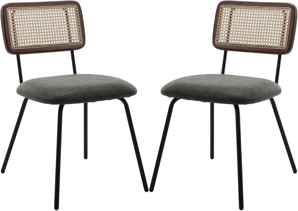 Rattan Dining Chairs Set of 2, PU Leather Upholstered Dining Chairs with Cane Back and Metal Legs for Dining Room or Living Room, Green