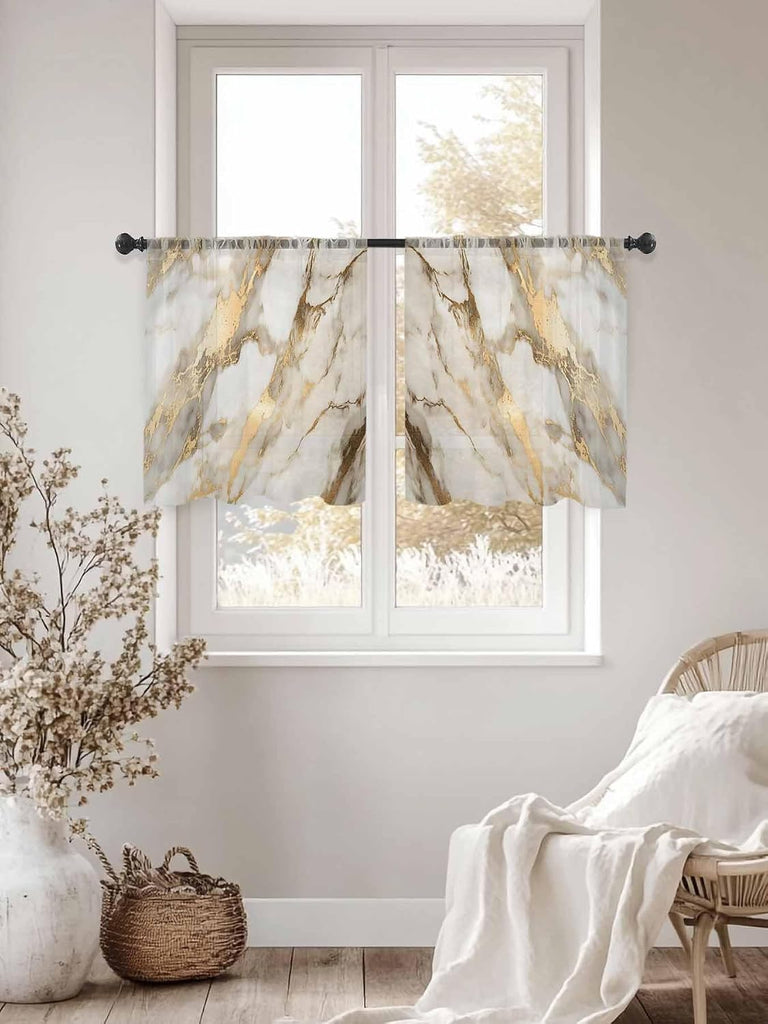 Sheer Curtains (Set of 2 Panels) 45 Inches Long, Marble Gold Light Filtering Window Curtains, Abstract Luxury Wave Gold Marbling Modern