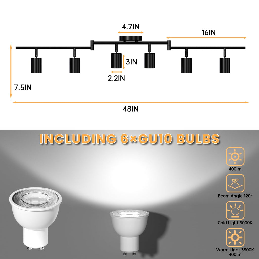 6 Light Track Lighting Kit, 48" 6 Way Ceiling Spotlights Fixture