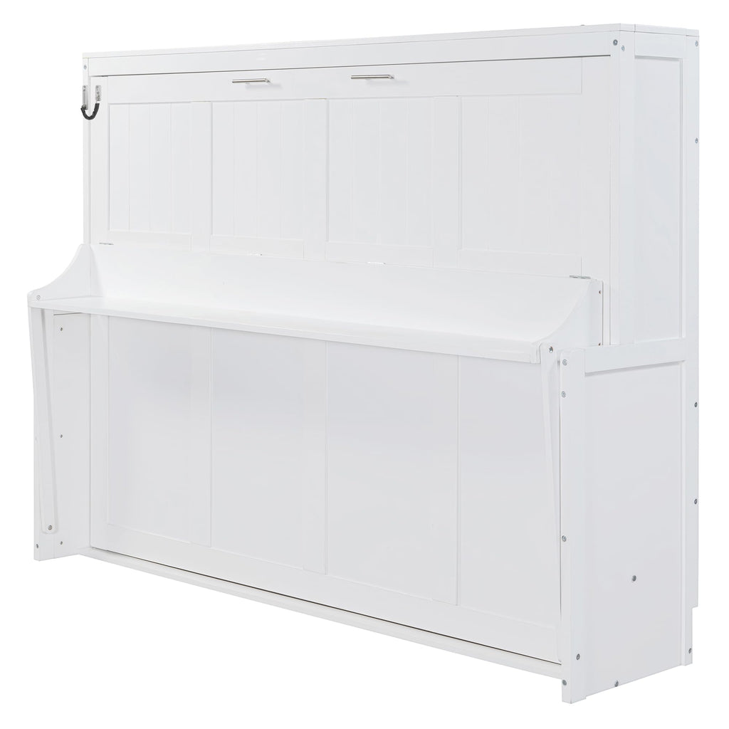 Queen Size Murphy Bed, Wood Murphy Wall Bed with Hydraulic Lift & Desk Design, White