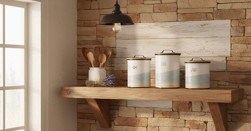 Ceramic Lake Vibe Kitchen Canister Set of 3 with Lids, Blue & White Lakehouse Storage Jars for Coffee, Sugar, Flour