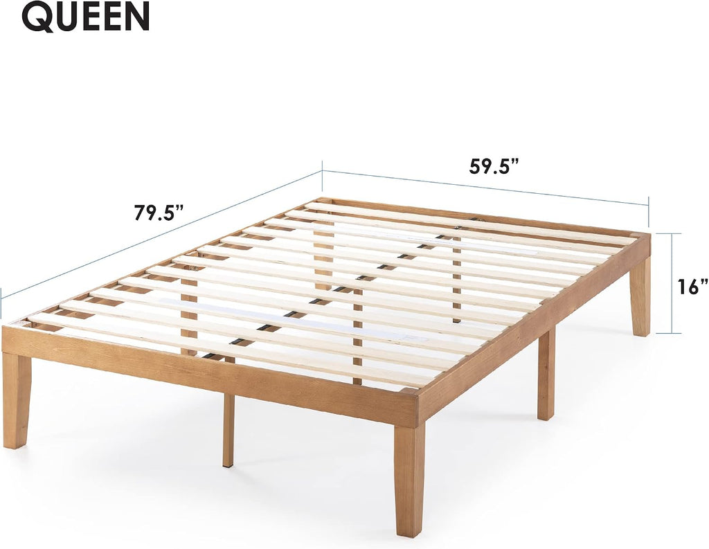 Naturalista Classic 16 Inch Solid Wood Platform Bed with Wooden Slats, Natural Pine, Queen