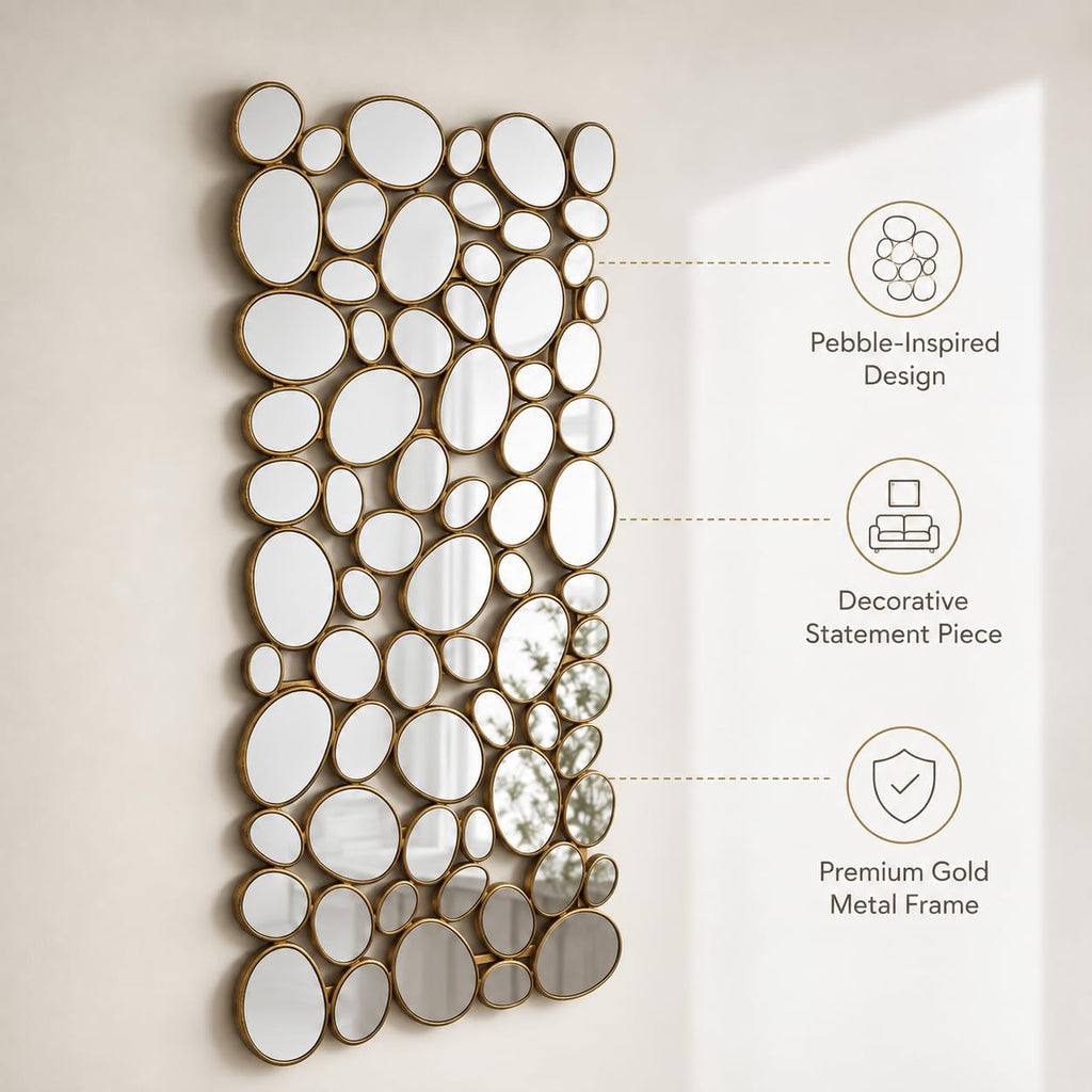 Gold Mosaic Wall Mirror, 27.55" x 55" Large Pebble Geometric Decorative Mirror with 71 Irregular Mirror Pieces