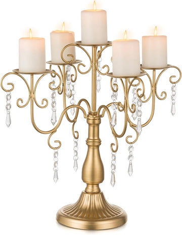 Candelabra Centerpieces Gold Candle Holder - 5 Arm Pillar Candle Holders with Crystal Beadsedding Candleholders