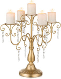 Candelabra Centerpieces Gold Candle Holder - 5 Arm Pillar Candle Holders with Crystal Beadsedding Candleholders
