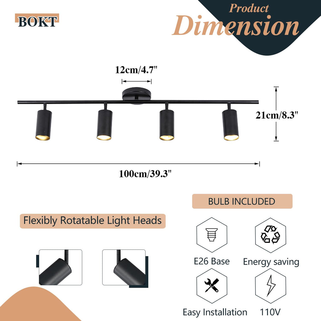 Matte Black Track Ceiling Light Modern 4-Lights LED Track Lighting Kit Farmhouse 4 Ways Flush Mount Ceiling Spotlight