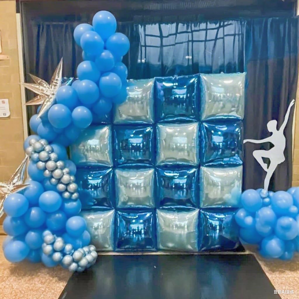 36pcs Blue and Silver Square Foil Balloons Wall Backdrop with 121pcs Balloon Garland Arch Kit, Double Sided Balloons