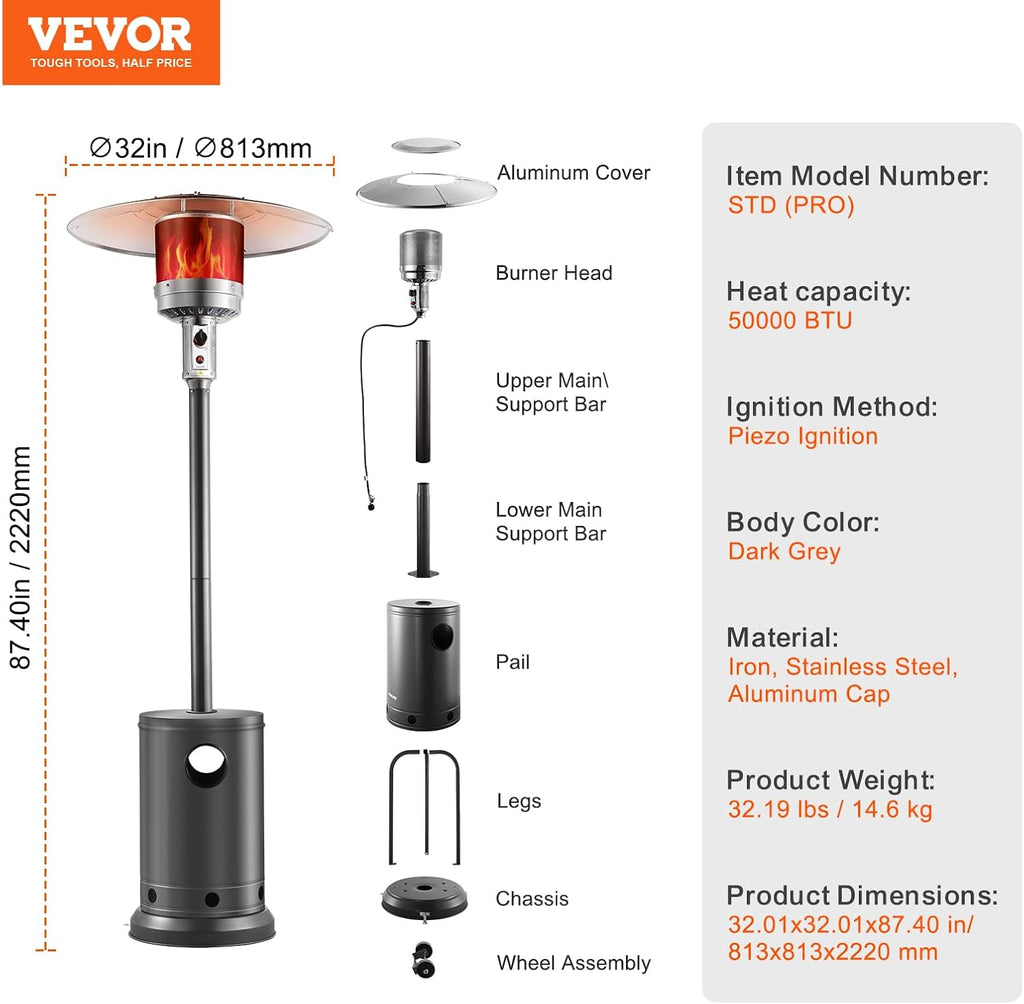 50000BTU Propane Patio Heater for Outdoor Use With Round Table Design, Metal Burner and Wheels - Tall Hammered Flame