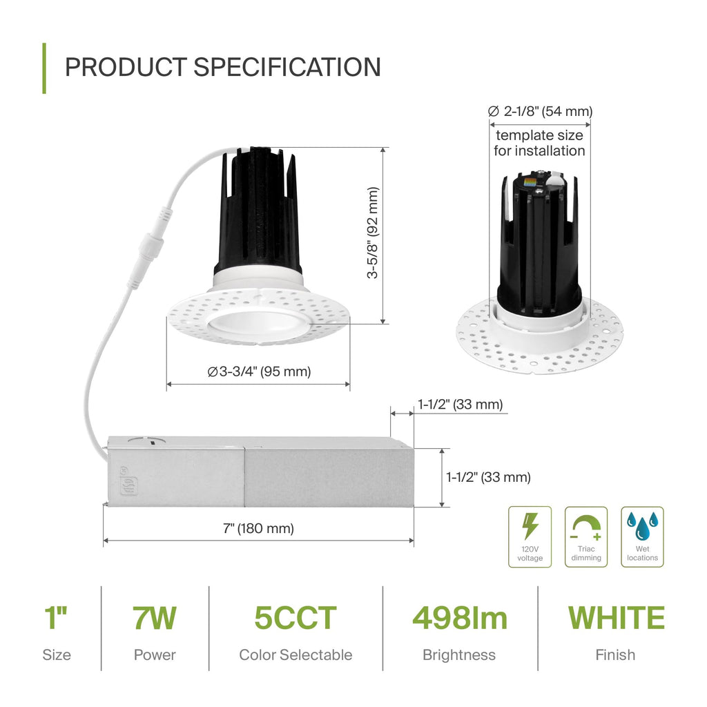 1 Inch Trimless LED Recessed Ceiling Light Fixture, Mud-in Canless Downlight with Junction Box, 5CCT Selectable