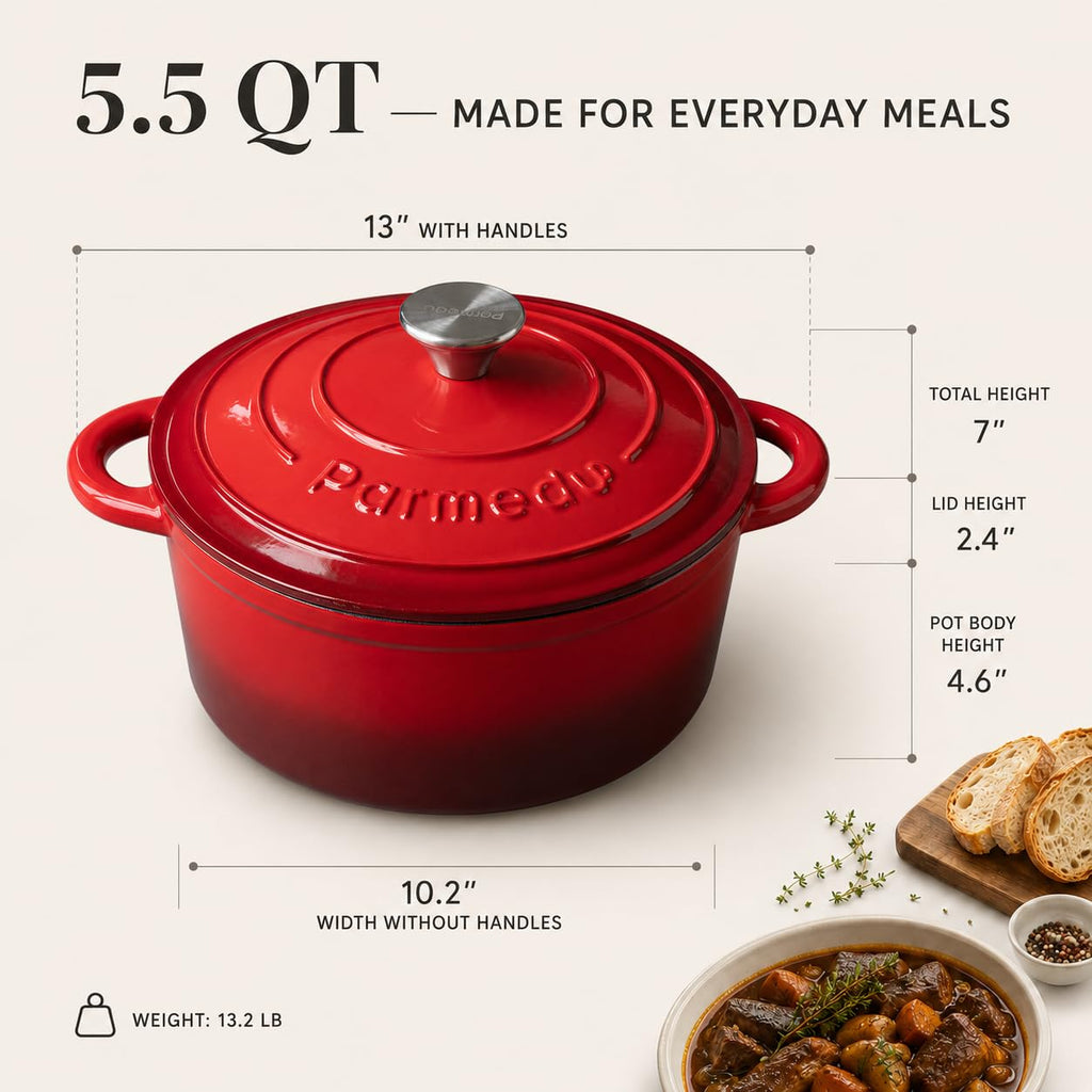 5.5QT Enameled Cast Iron Dutch Oven for Sourdough Bread Red