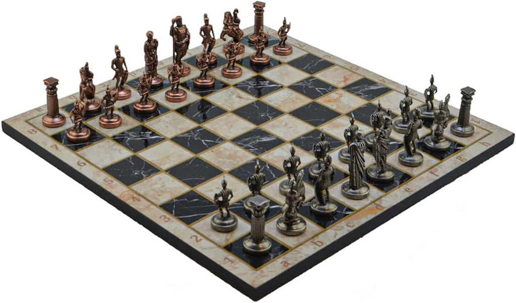 Metal Chess Set for Adults Medium Roman Antique Copper Figures,Handmade Pieces and Different Design Wooden Chess