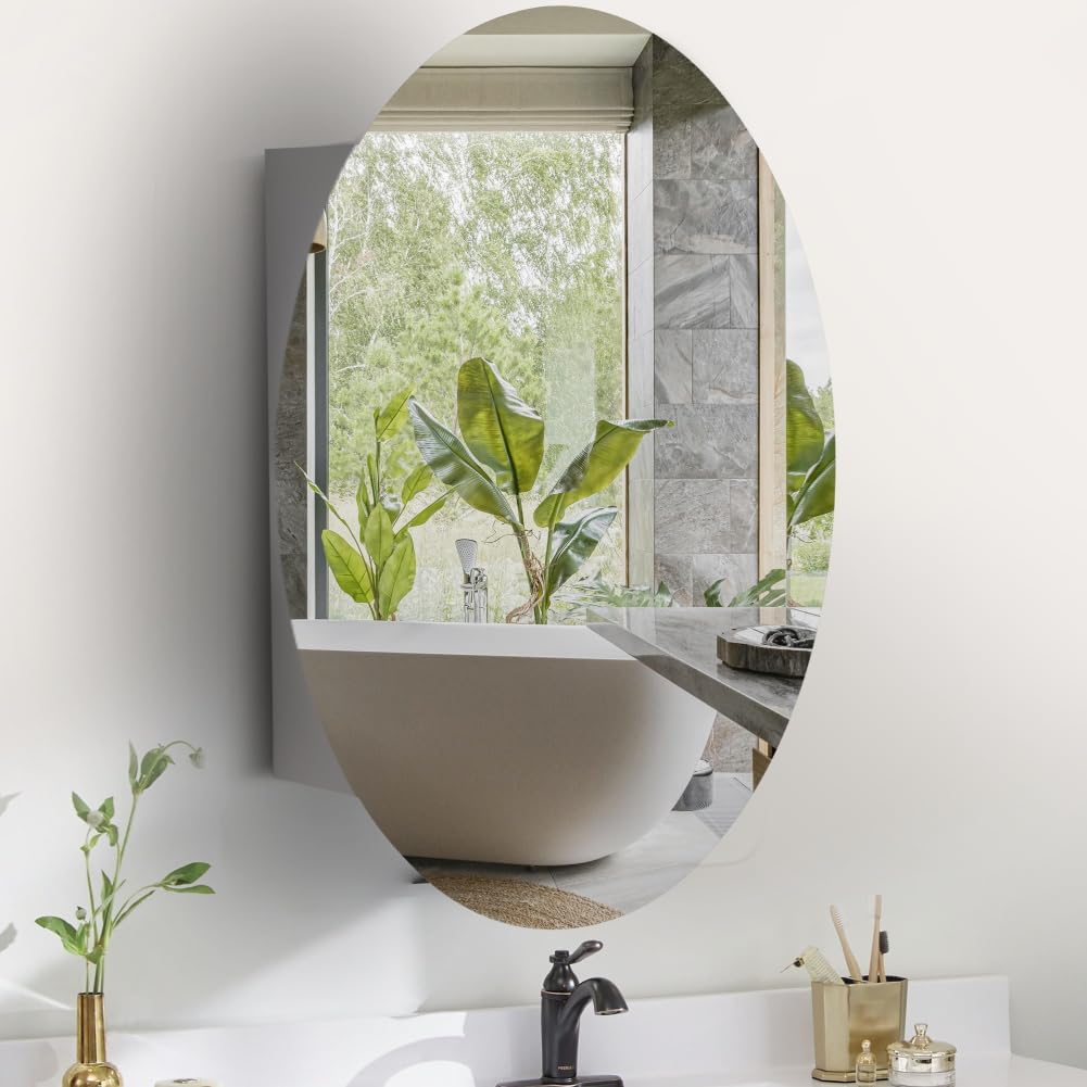 Oval Medicine Cabinet with Mirror, 18 inch x 26 inch Frameless Mirrored Medicine cabinets with Mirror, Surface Mounted