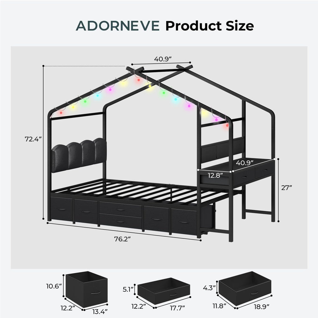 Twin Kids Bed with Desk,Metal House Bed with Headboard,Black | Unique House Roof Frame ,Space-Saving All-In-One Kids